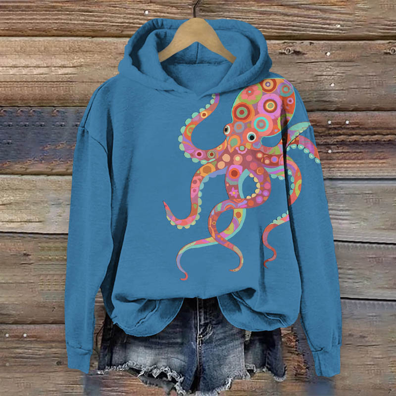 Creative Colorful Geometric Octopus Print Long Sleeve Hoodie - Blue - US44-46(8XL) - image 1