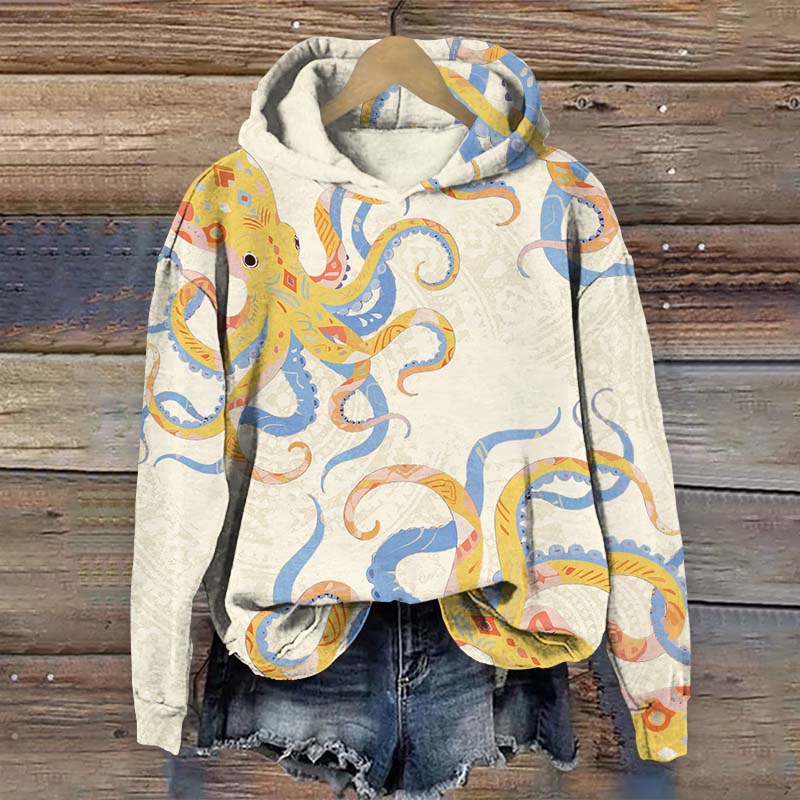 Vintage Funny Ethnic Pattern Octopus Print Long Sleeve Hoodie - Beige - US44-46(8XL) - image 1