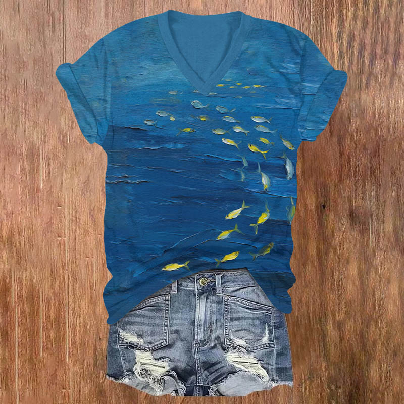 Oil Painting Small Ocean Fish School Art Print V-neck T-shirt - Blue - US32-34(5XL) - image 1