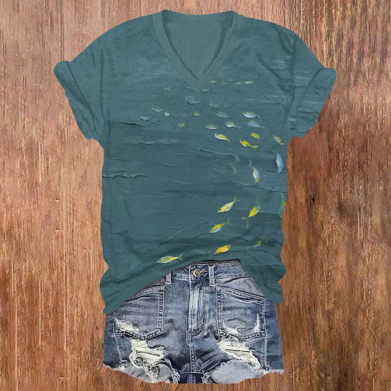 Oil Painting Small Ocean Fish School Art Print V-neck T-shirt - Green - US32-34(5XL) - image 2