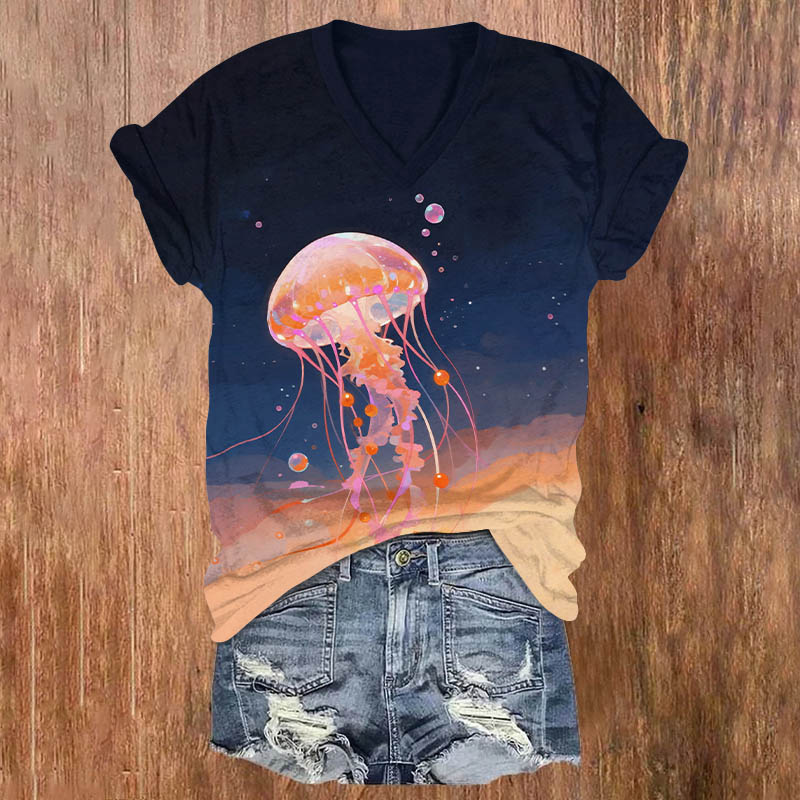 Creative Ombre Bubble Dancing Jellyfish Print V-neck T-shirt - Dark Blue - US32-34(5XL) - image 1