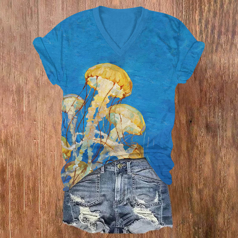 Oil Painting Lovely Jellyfish Print V-neck T-shirt - Blue - US32-34(5XL) - image 1