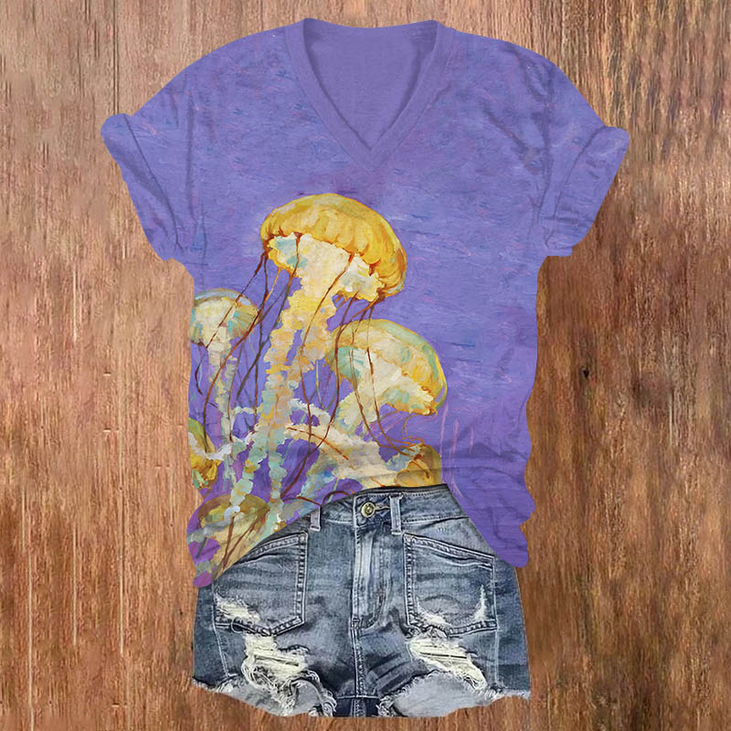 Oil Painting Lovely Jellyfish Print V-neck T-shirt - Purple - US32-34(5XL) - image 2
