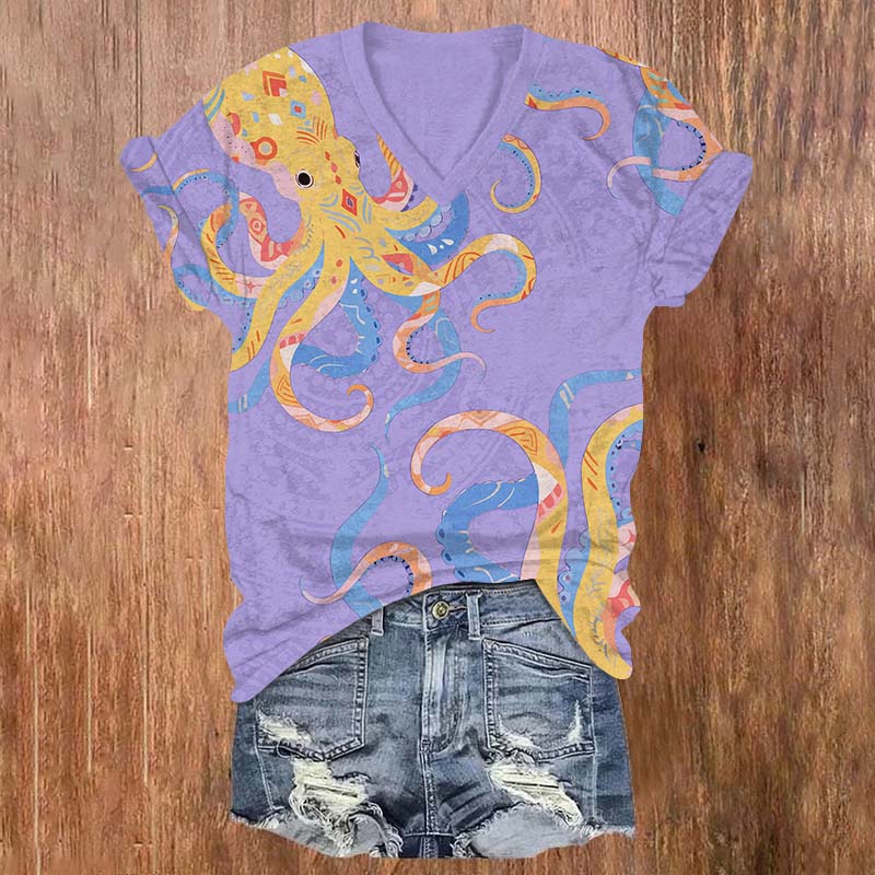 Vintage Funny Ethnic Pattern Octopus Print V-neck T-shirt - Purple - US32-34(5XL) - image 2