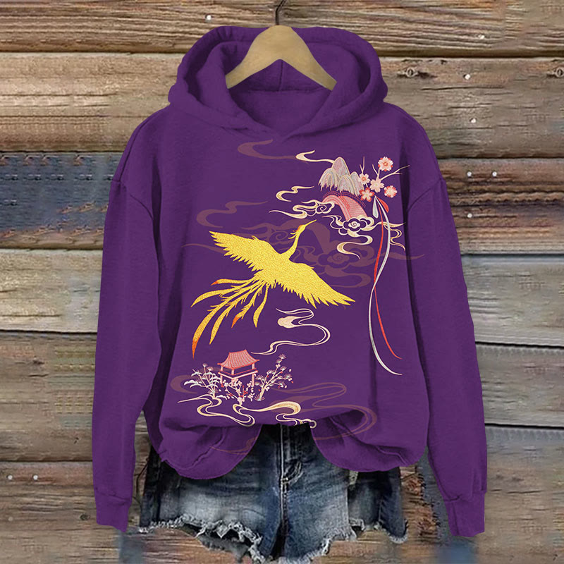 Japanese Crane Fly Over Moutains Print Long Sleeve Hoodie - Purple - US44-46(8XL) - image 2