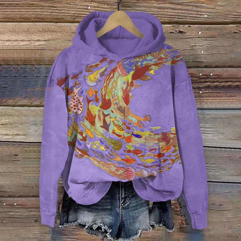 Japanese Oil School Of Fish And Jellyfish Print Long Sleeve Hoodie - Purple - US44-46(8XL) - image 1