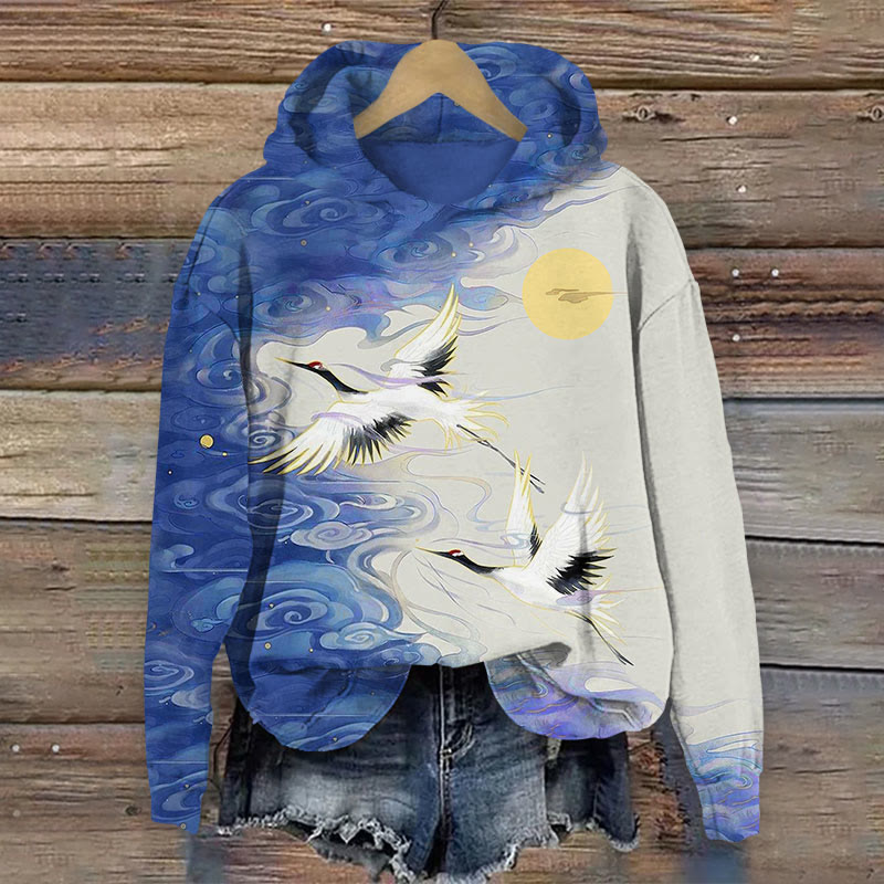  Japanese Cranes Flying Acrose Dark Clouds Print Long Sleeve Hoodie - Multicolor - US44-46(8XL) - image 1