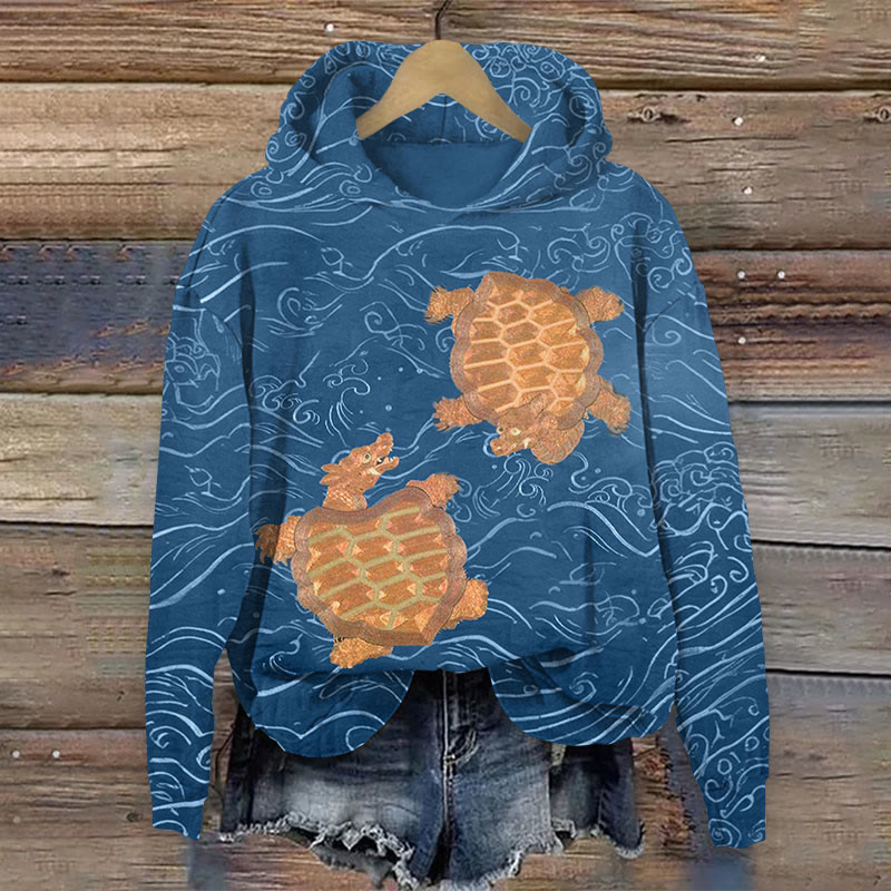 Japanese Art Turtle Print Long Sleeve Hoodie - Navy Blue - US44-46(8XL) - image 1