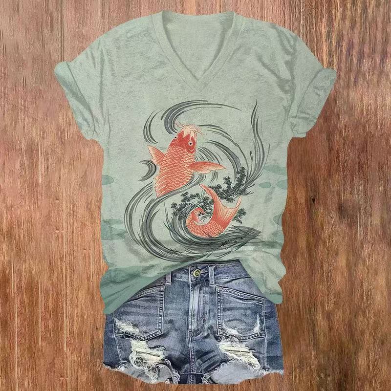 Japanese Style Carp In The Water Plants Print V-neck T-shirt - Light Green - US32-34(5XL) - image 1