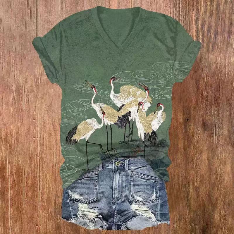 Japanese Cranes By The Pond Print V-neck T-shirt - Green - US32-34(5XL) - image 1