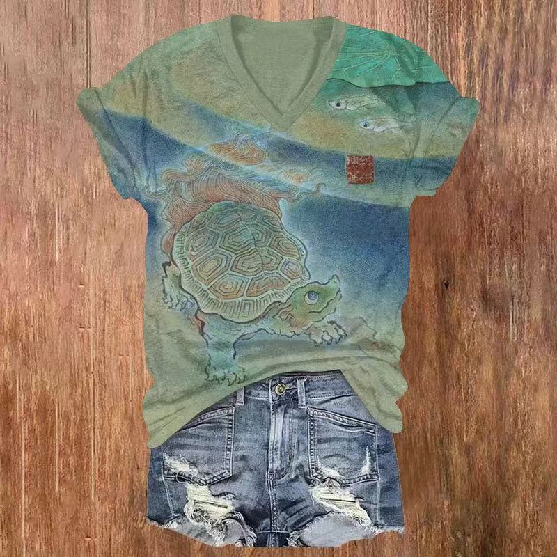 Japanese Watercolor Turtle Print  V-neck T-shirt - Green - US32-34(5XL) - image 1