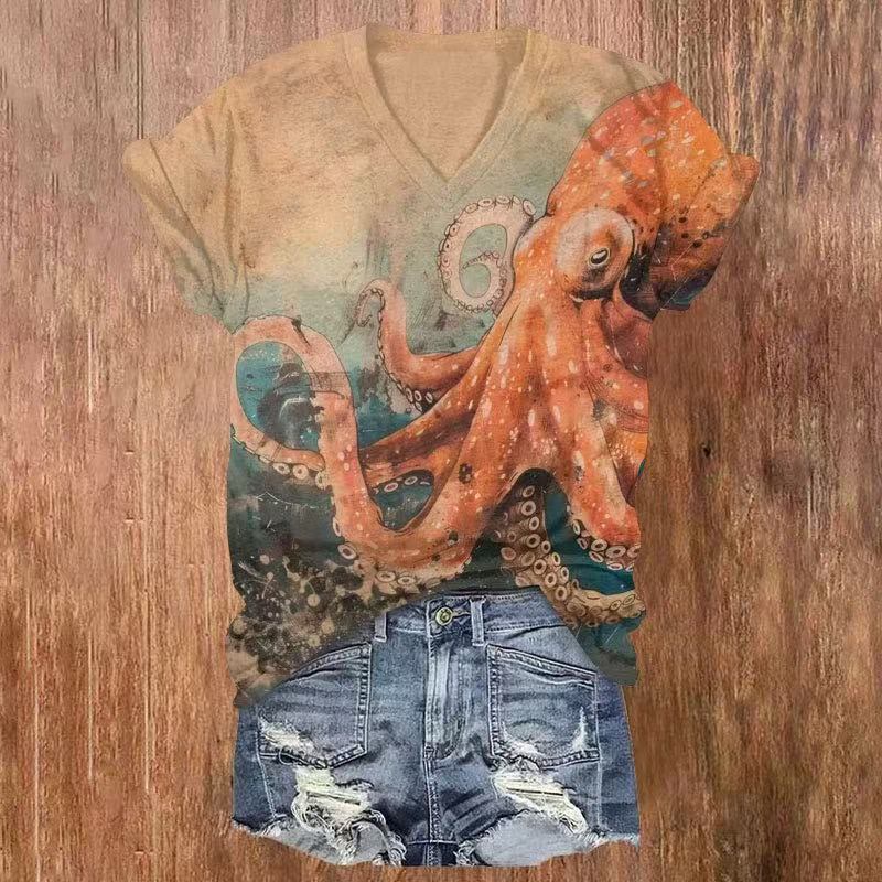 Japanese Octopus Over Sea Print V-neck T-shirt - Multicolor - US32-34(5XL) - image 1