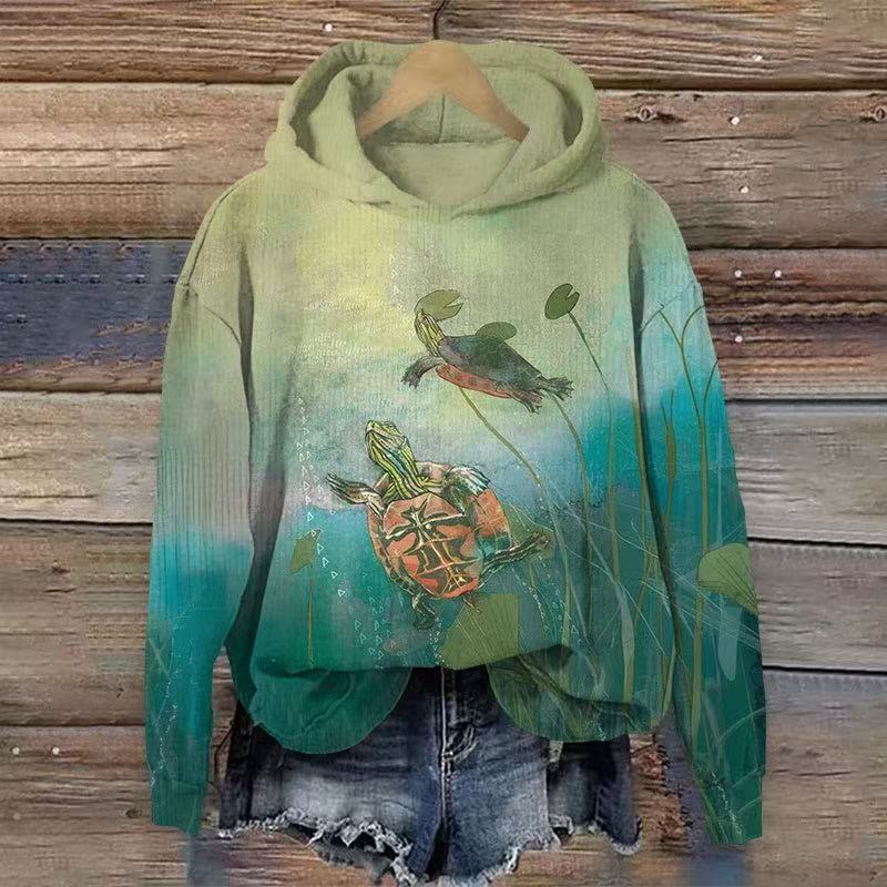 Japanese view turtle swim in the lotus pond print Long Sleeve Hoodie - Green - US44-46(8XL) - image 1