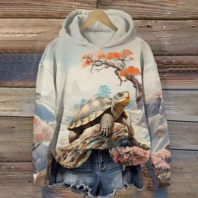 Japanese View Turtle Climb The Stone Print Long Sleeve Hoodie - Multicolor - US44-46(8XL) - image 1