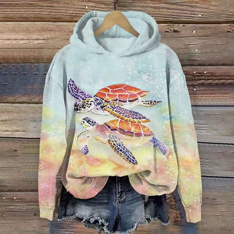 Watercolor Art Turtle Print Long Sleeve Hoodie - Light Blue - US44-46(8XL) - image 1