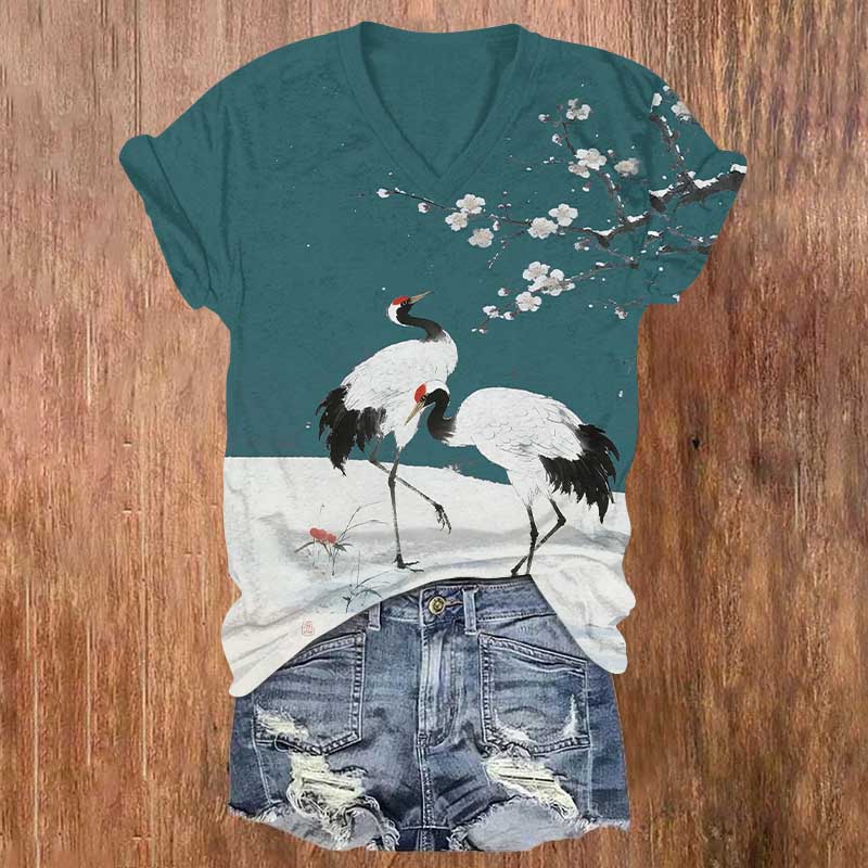 Japanese Winter Crane Under Plum Blossom Tree Print V-neck T-shirt - Olive Green - US32-34(5XL) - image 1