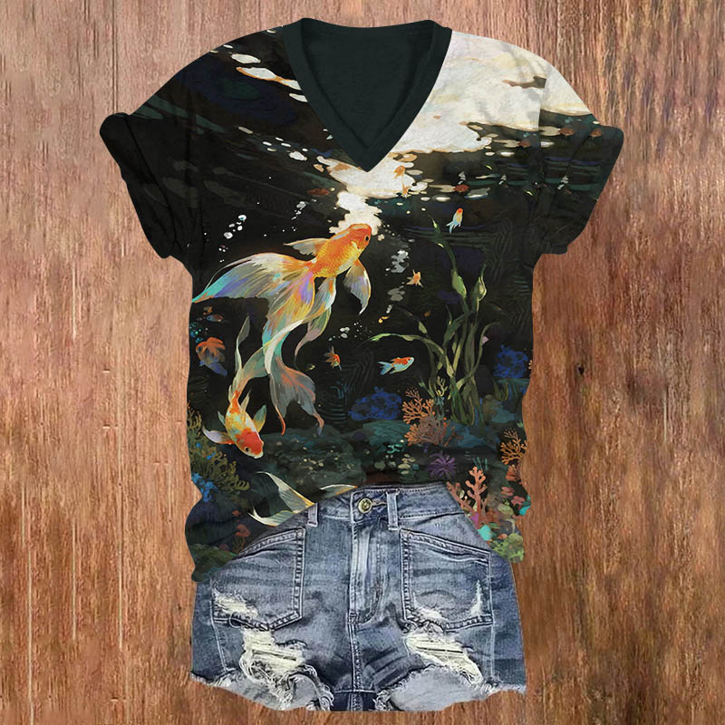 Japanese Oil Painting Fantasy Goldfish Art Print V-neck T-shirt - Black - US32-34(5XL) - image 1