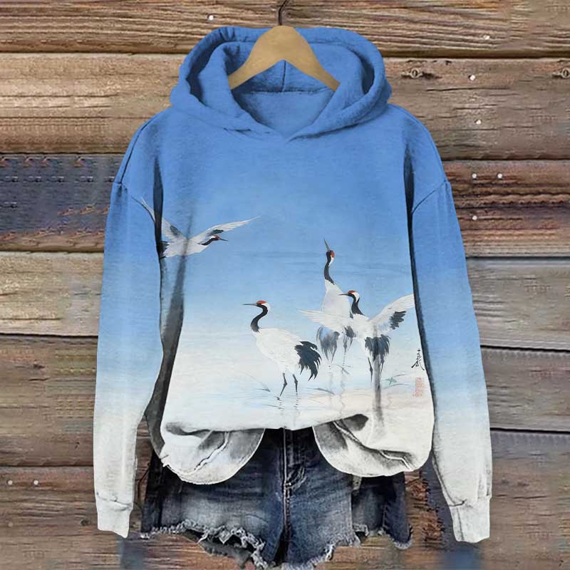 Japanese Ombre Flock Of White Cranes Print Long Sleeve Hoodie - Blue - US44-46(8XL) - image 1