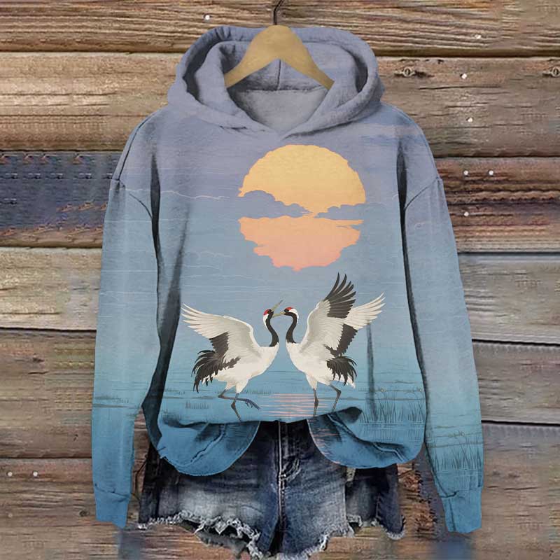Japanese Loving Couple Crane Playing By The Lake Print Long Sleeve Hoodie - Blue - US44-46(8XL) - image 1