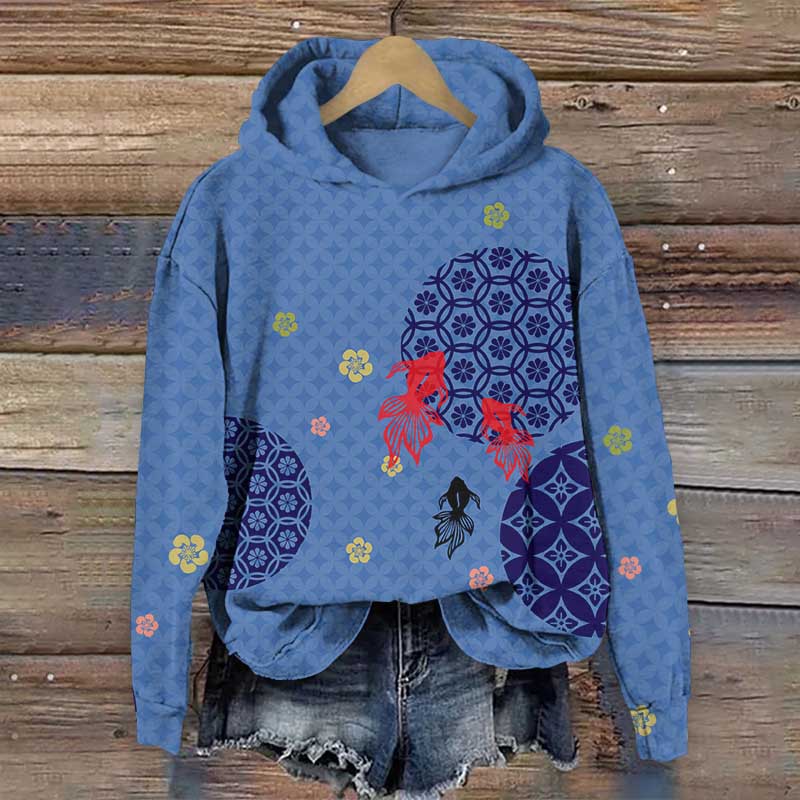 Japanese Vintage Geometric Floral & Goldfish Print Long Sleeve Hoodie - Blue - US44-46(8XL) - image 1