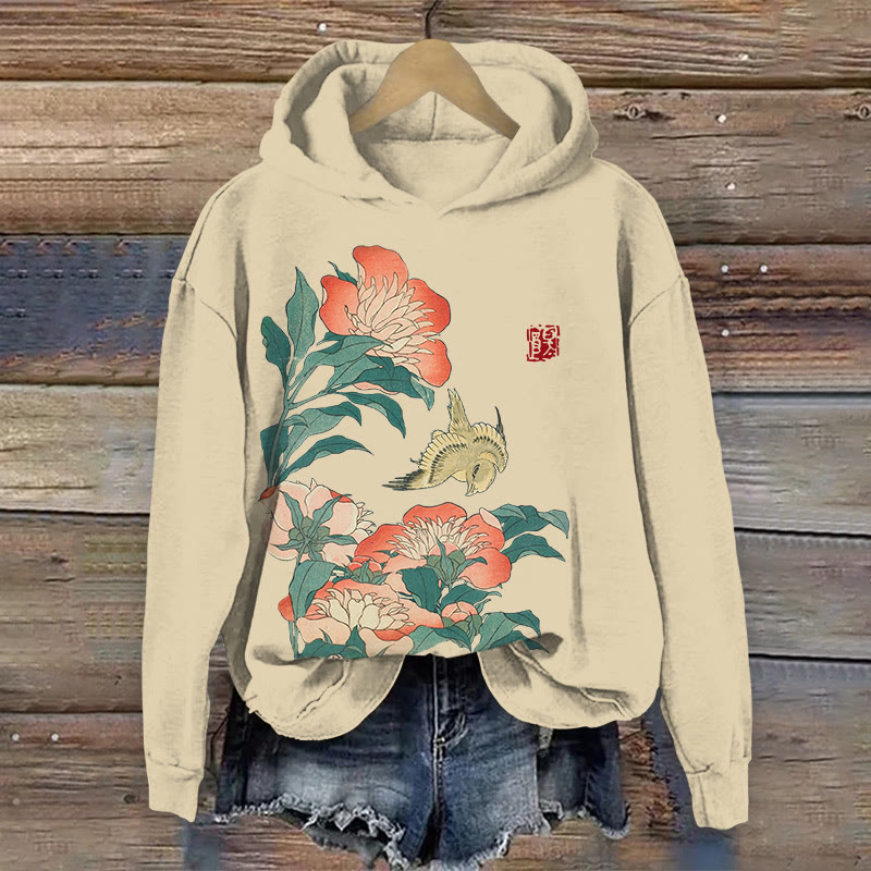 100% Cotton Japanese Flower Art Print Hoodie - Apricot - US16-18(2XL) - image 1