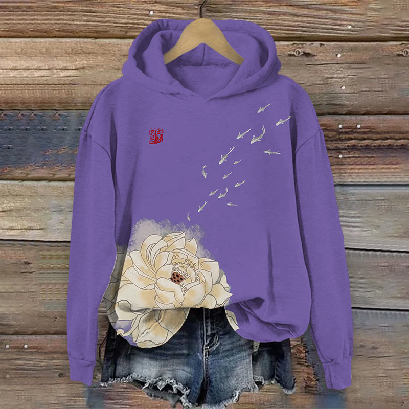 Flower With School Of Fish  Print Long Sleeve Hoodie - Purple - US44-46(8XL) - image 1