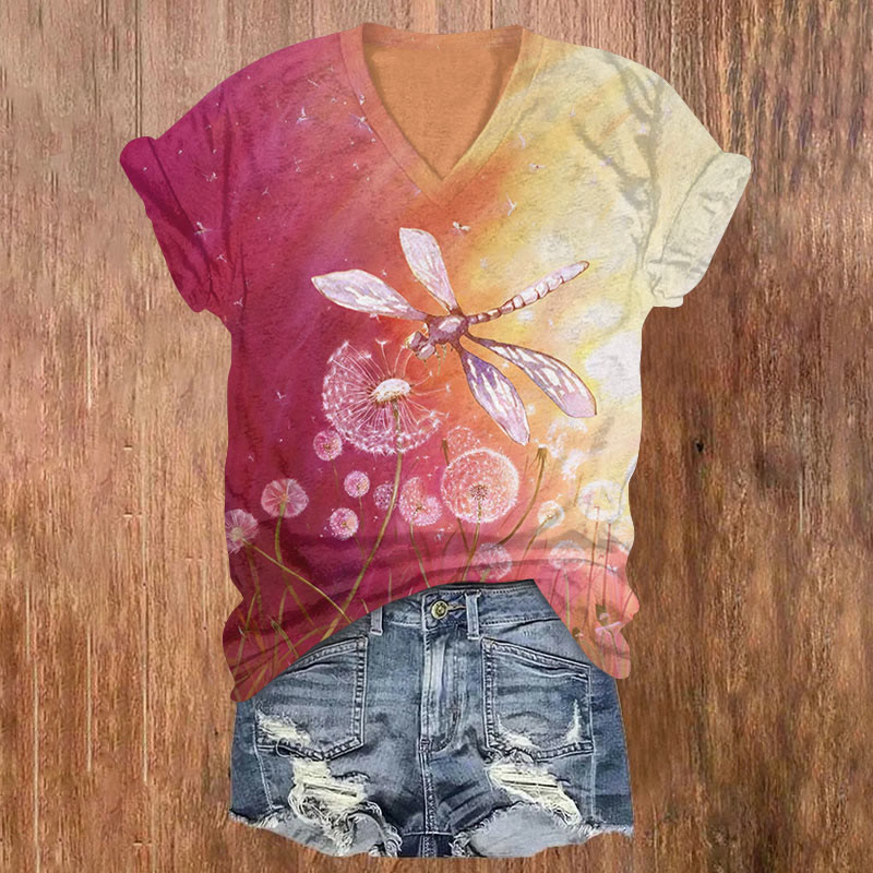 Colorblock Dandelion & Dragonfly Print V-neck T-shirt - Rose - US32-34(5XL) - image 1