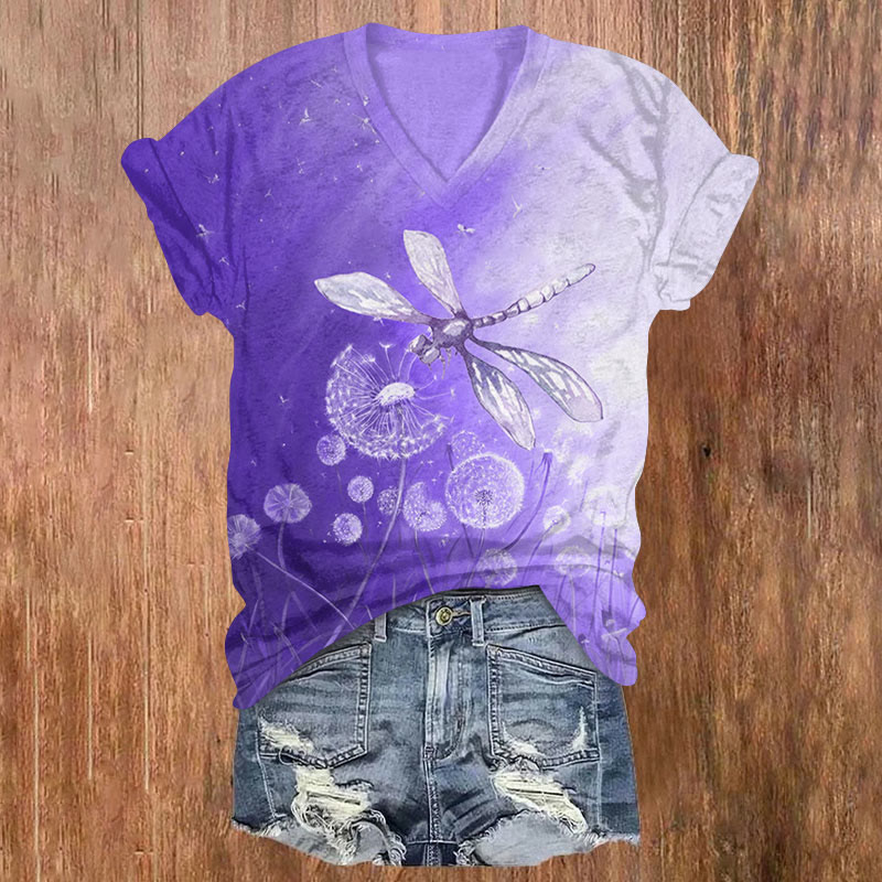 Colorblock Dandelion & Dragonfly Print V-neck T-shirt - Purple - US32-34(5XL) - image 3
