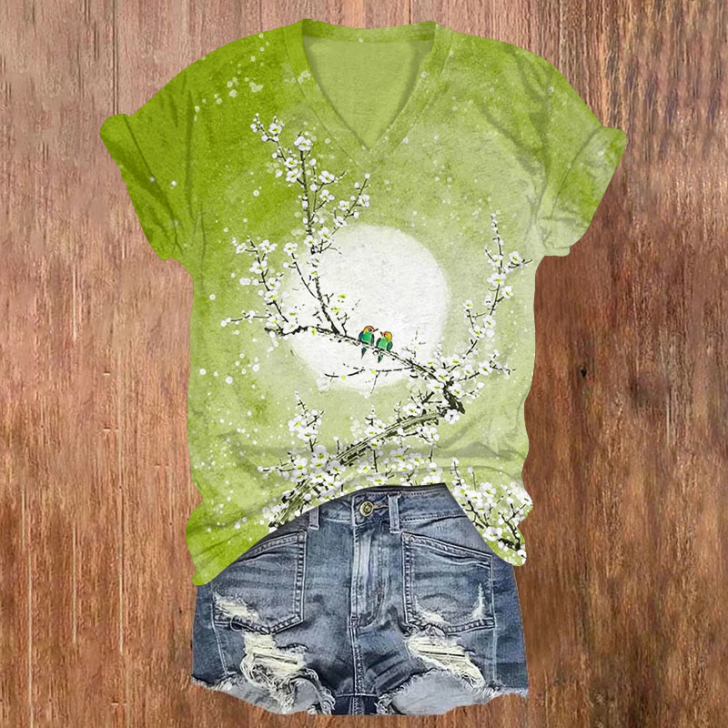 Waterclor Floral Bloomimg Print V-neck T-shirt - Olive Green - US32-34(5XL) - image 4