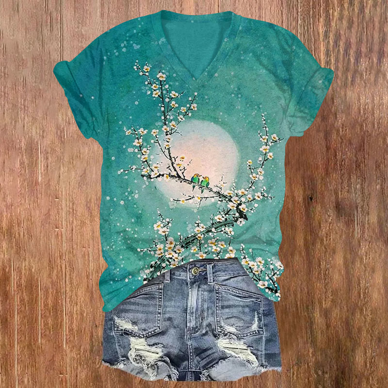 Waterclor Floral Bloomimg Print V-neck T-shirt - Green - US32-34(5XL) - image 1