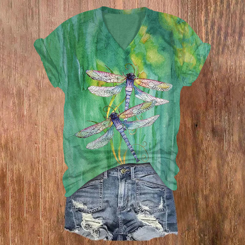 Nature Dragonfly Print V-neck T-shirt - Green - US32-34(5XL) - image 1