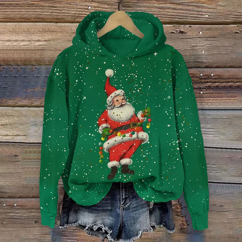 Christmas Happy Santa Holding Light Bulb Print Long Sleeve Hoodie - Green - US44-46(8XL) - image 1