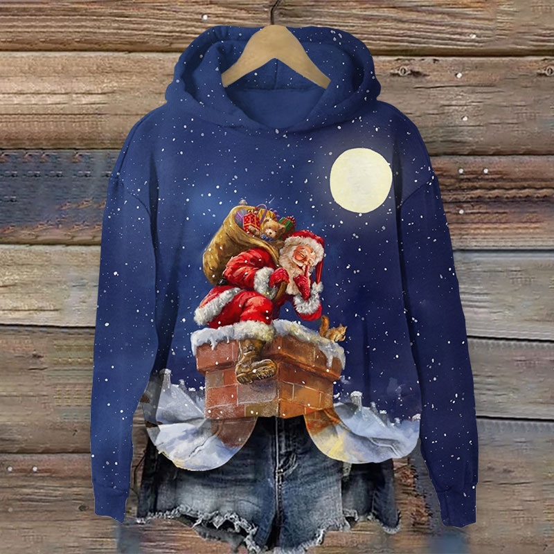 Christmas Santa Claus Carrying Gifts Art Print Long Sleeve Hoodie - Blue - US44-46(8XL) - image 1