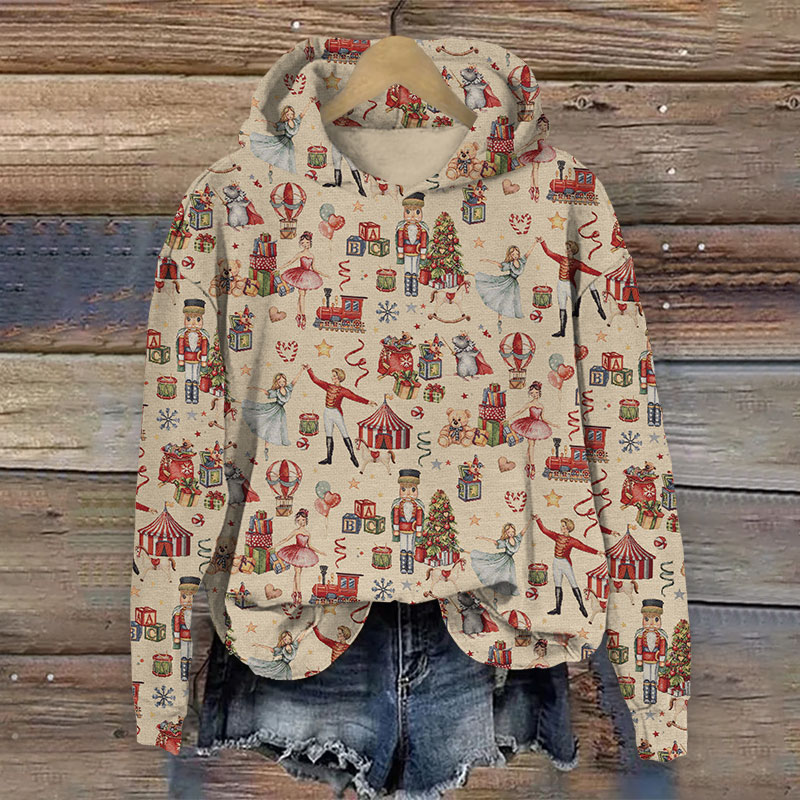 Vintage Romantic Christmas Element Pattern Print Long Sleeve Hoodie - Khaki - US44-46(8XL) - image 1