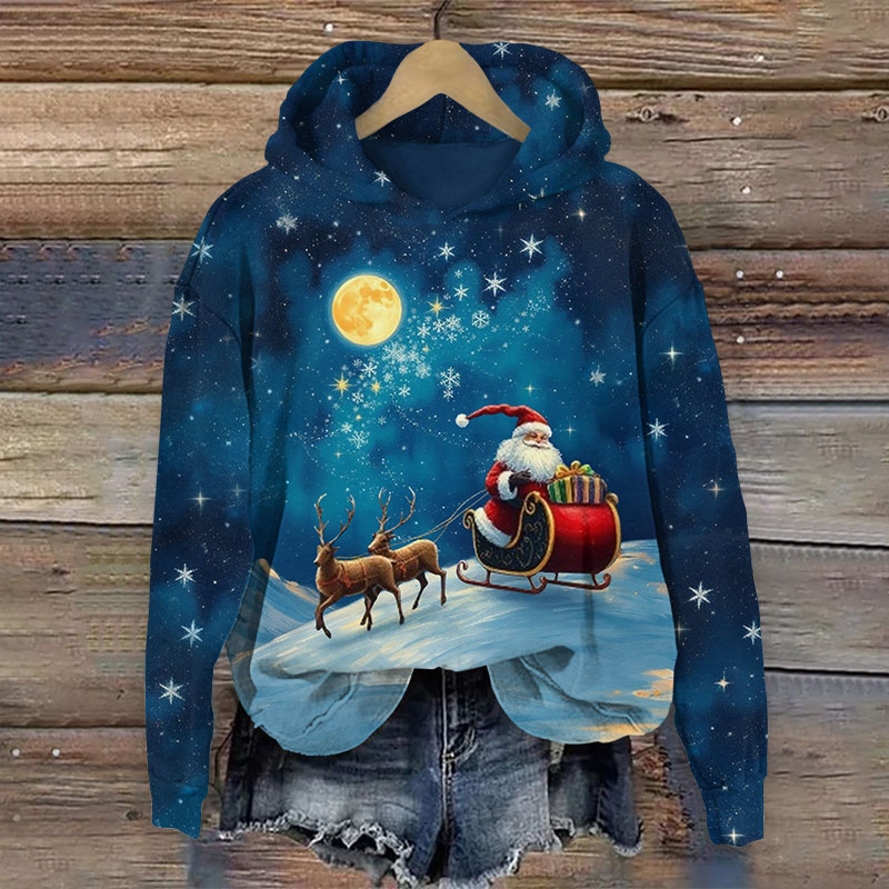 Christmas Night Vivid Santa Claus & Deer Print Long Sleeve Hoodie - Blue - US44-46(8XL) - image 1
