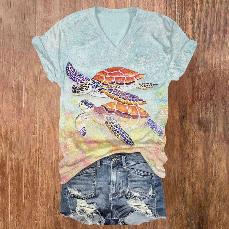 Japanese View Watercolor Turtle Print V-neck T-shirt - Light Blue - US32-34(5XL) - image 1