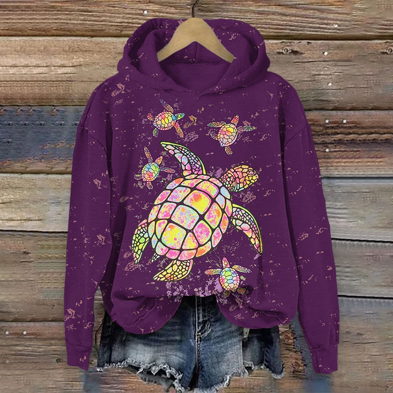 Fantasy Colorful Sea Turtle Art Print Long Sleeve Hoodie - Purple - US44-46(8XL) - image 1