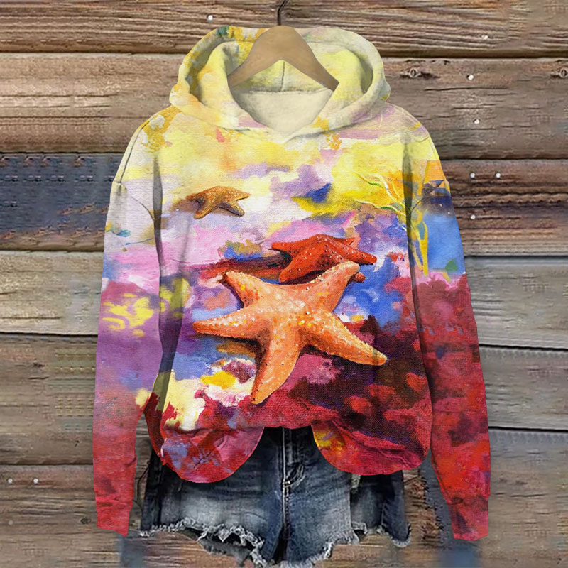 Oil Painting Colorful Starfish Pattern Print Long Sleeve Hoodie - Multicolor - US44-46(8XL) - image 1