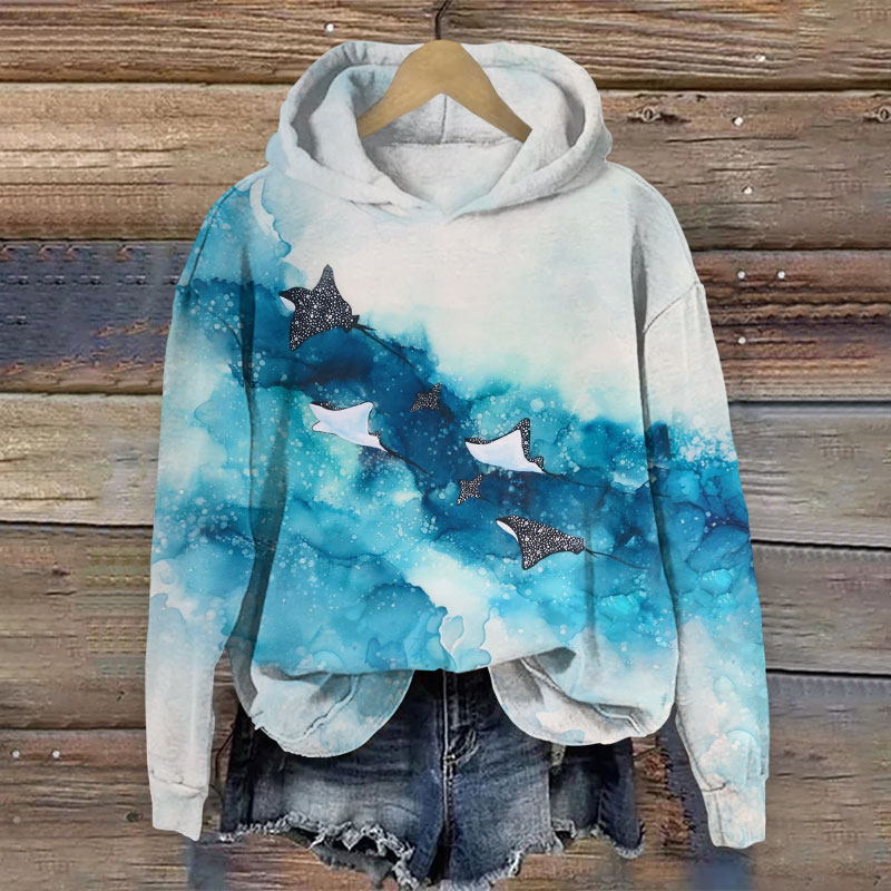 Vintage Blue Ink Splash Ocean Ray Print Long Sleeve Hoodie - Blue - US44-46(8XL) - image 1