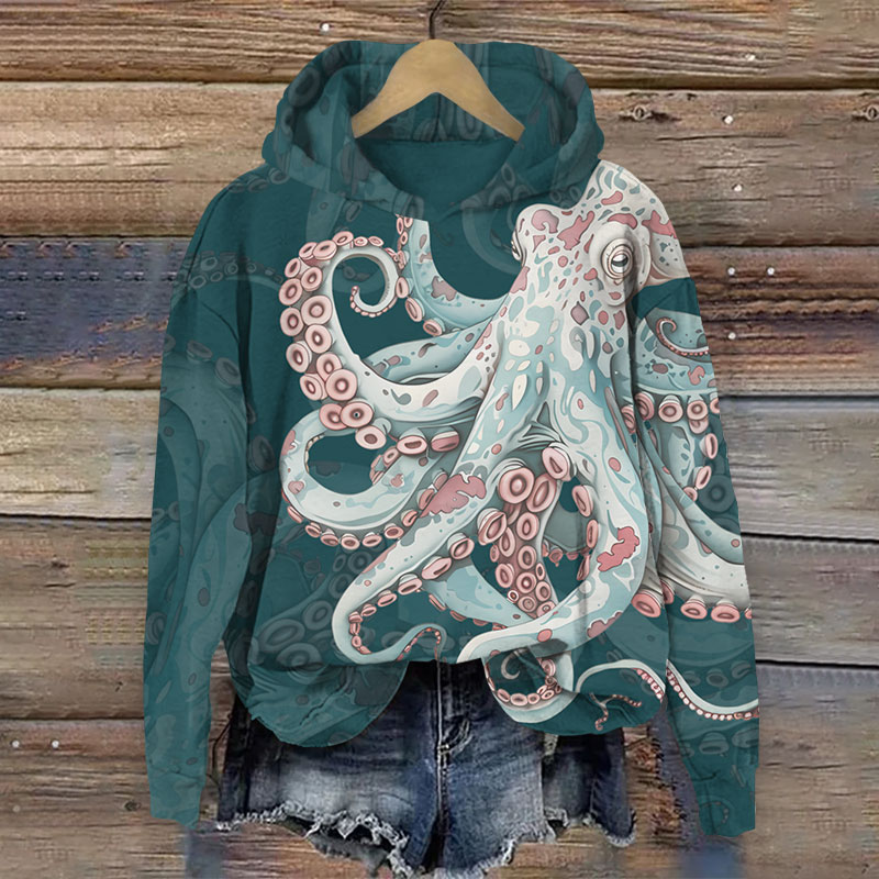 Vintage Giant Leopard Octopus Print Long Sleeve Hoodie - Olive Green - US44-46(8XL) - image 1