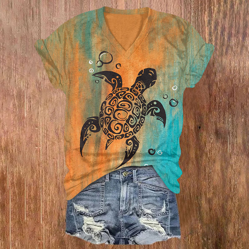 Ink Watercolor Abstract Turtle Print V-neck T-shirt - Orange - US32-34(5XL) - image 1