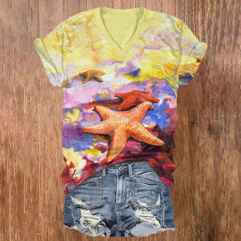Oil Painting Colorful Starfish Pattern Print V-neck T-shirt - Multicolor - US32-34(5XL) - image 1