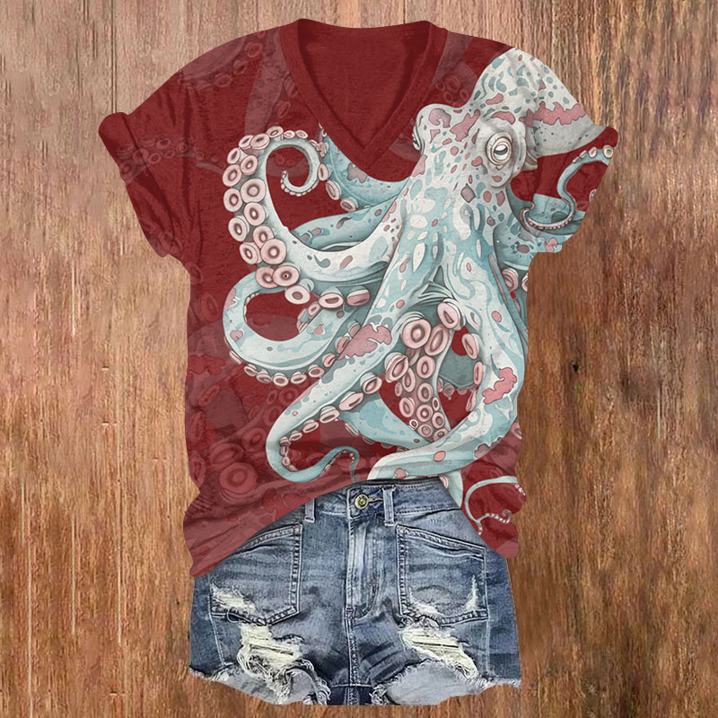 Vintage Giant Leopard Octopus Print V-neck T-shirt - Red - US32-34(5XL) - image 1