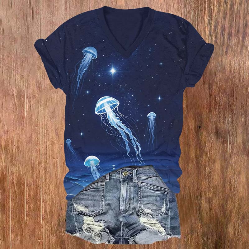 Vintage Starry Glowing Transparent Jellyfish Print V-neck T-shirt - Blue - US32-34(5XL) - image 1