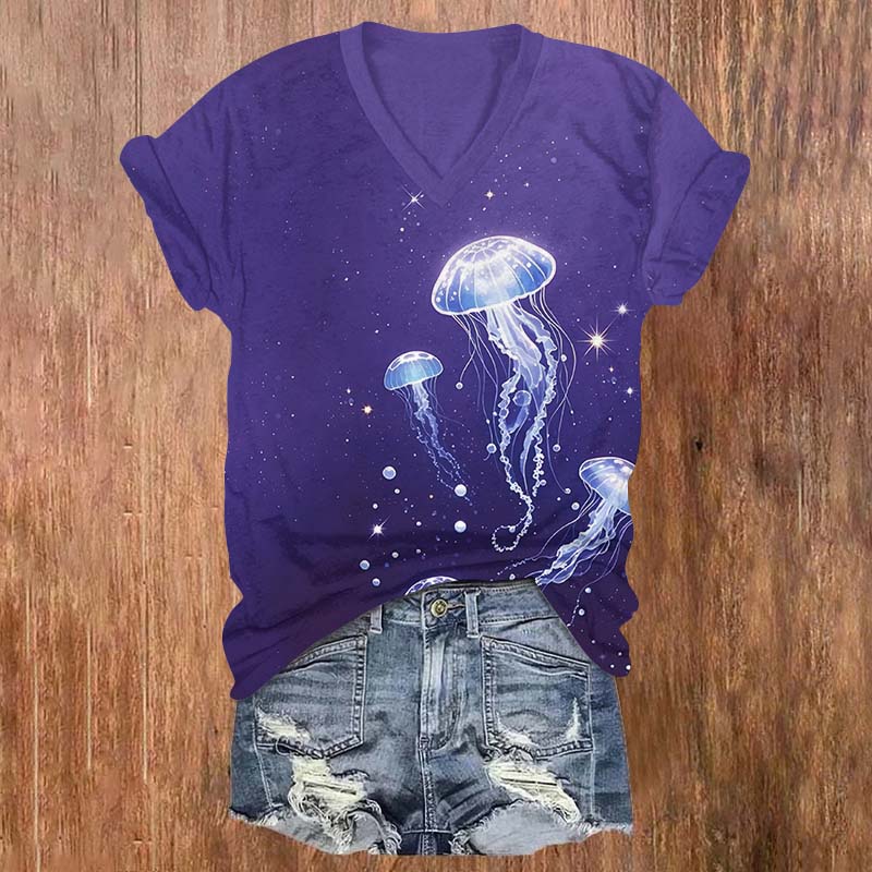 Glowing Dancing Bubble Jellyfish Print V-neck T-shirt - Purple - US32-34(5XL) - image 1