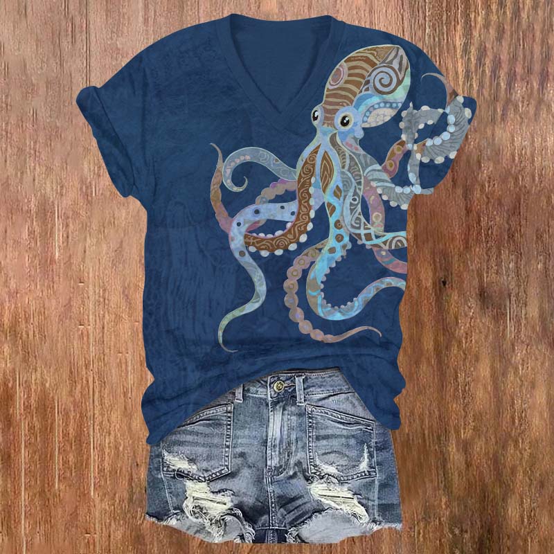Vintage Ethnic Pattern Octopus Print V-neck T-shirt - Blue - US32-34(5XL) - image 1