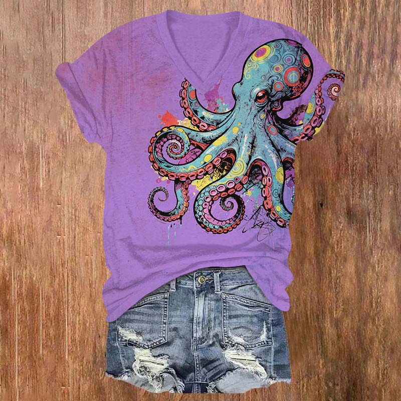 Colorful Geometric Octopus Art Print V-neck T-shirt - Purple - US32-34(5XL) - image 1