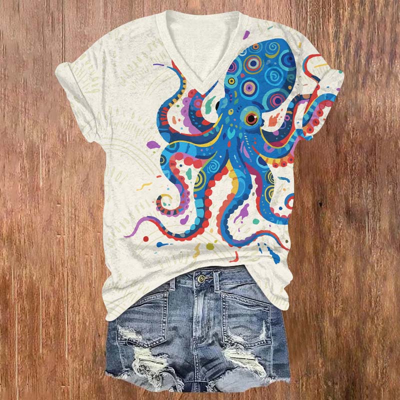 Funny Colorful Geometric Octopus Pattern Print V-neck T-shirt - Apricot - US32-34(5XL) - image 1