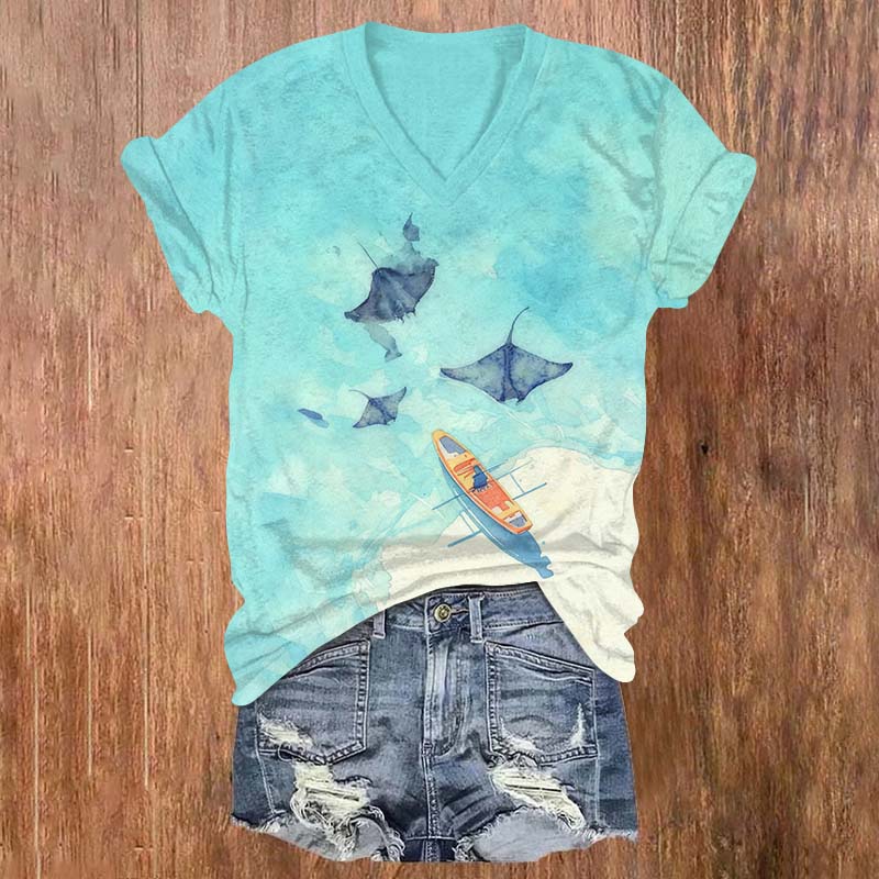 Vintage Ocean Ray & Small Boat Print V-neck T-shirt - Blue - US32-34(5XL) - image 1