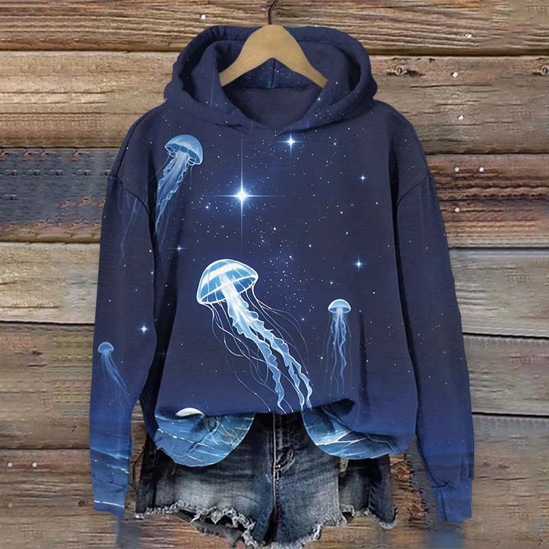 Vintage Starry Glowing Transparent Jellyfish Print Long Sleeve Hoodie - Blue - US44-46(8XL) - image 1